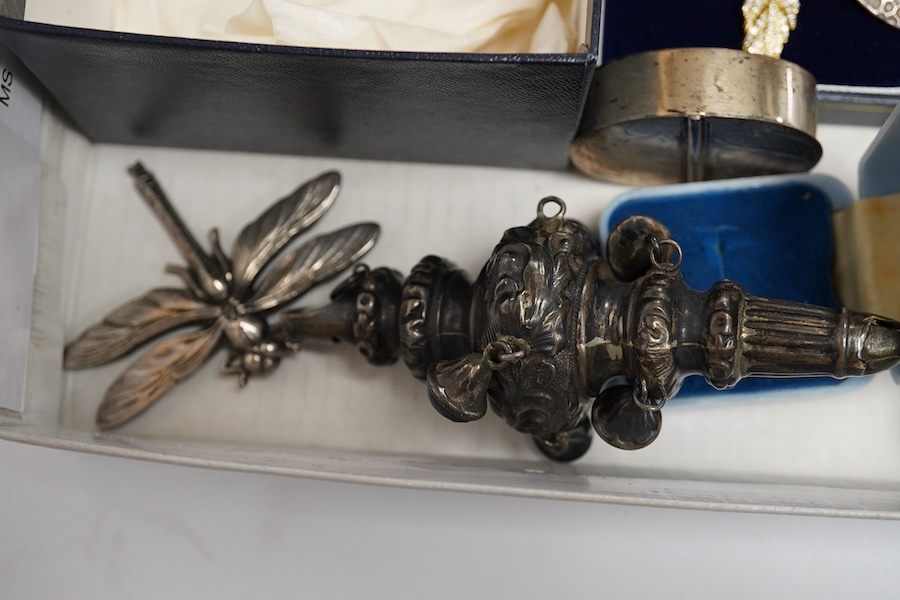 A quantity of assorted jewellery including costume, marcasite and white metal and an Edwardian silver child's rattle (a.f.). Condition - poor to fair to good